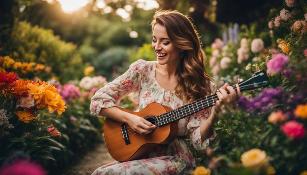 A young woman happily plays the ukulele in a lush garden surrounded by colorful flowers.