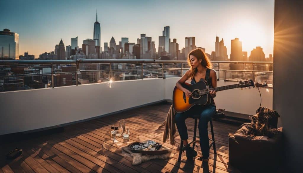 A person playing guitar on a rooftop overlooking a city skyline.