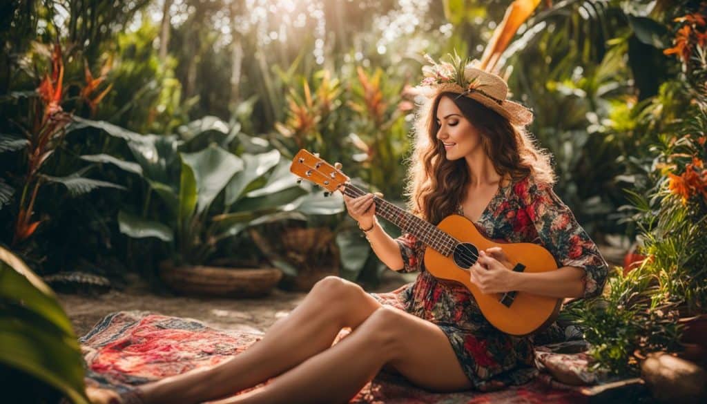 A confident woman strums a ukulele in a vibrant tropical garden.