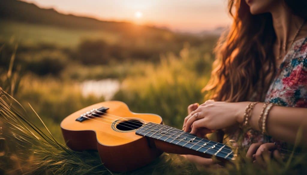 Close-up photo of a ukulele being played outdoors with natural background.