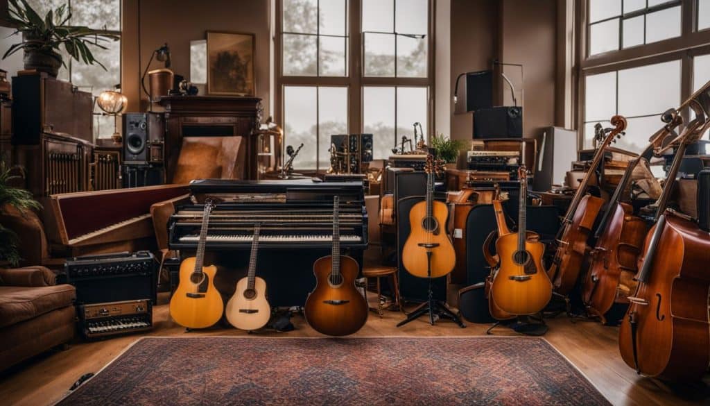 A collection of diverse musical instruments in a well-lit room.