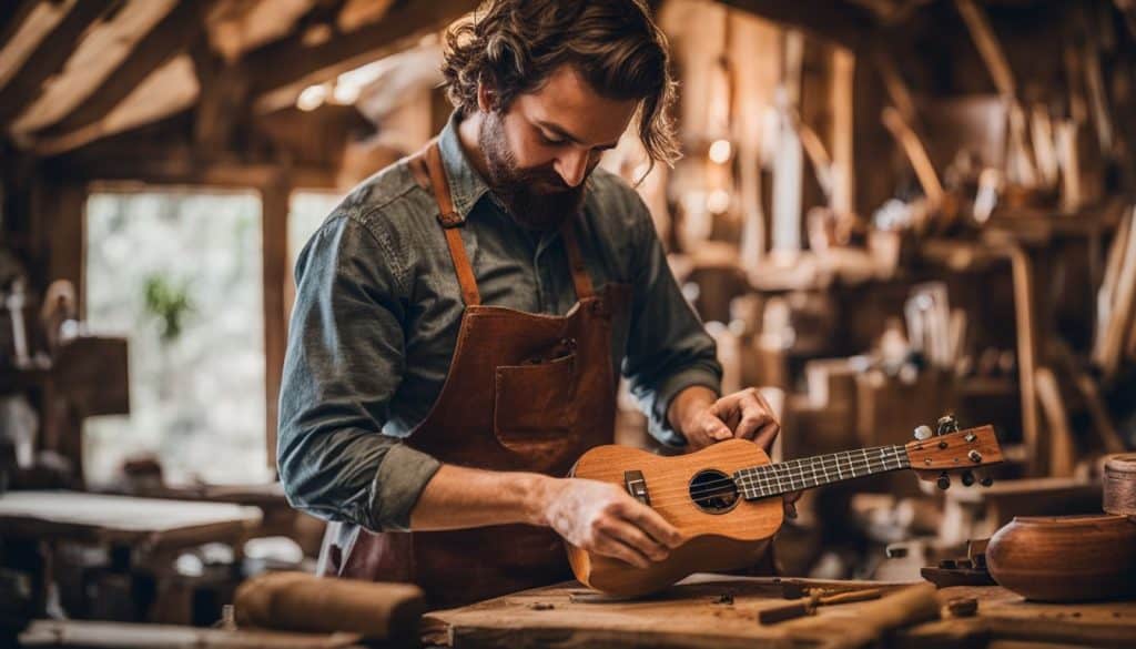 A woodworker crafts a ukulele in a rustic workshop.