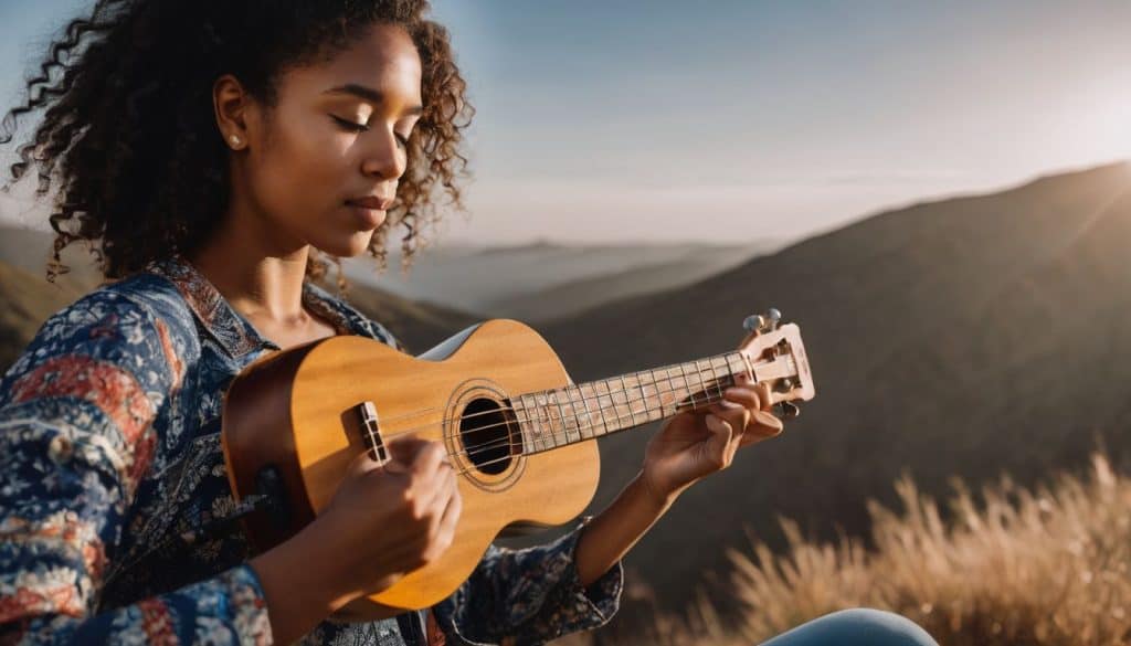 A person playing the ukulele with varying nail lengths in various settings.