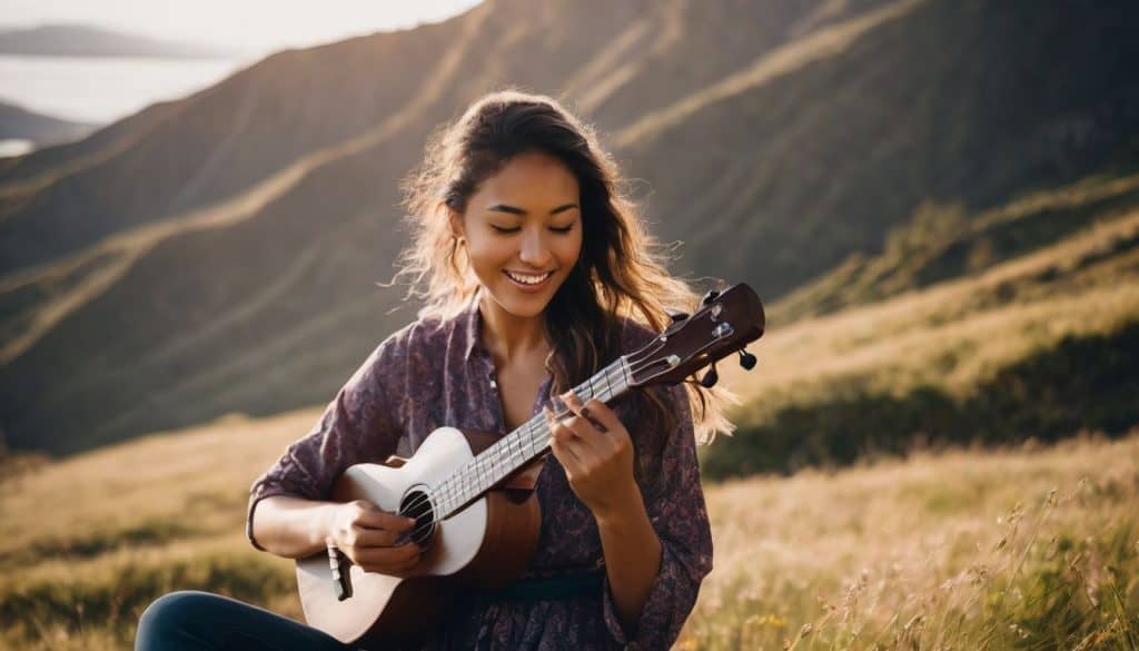 A person playing the ukulele outdoors in a vibrant atmosphere.