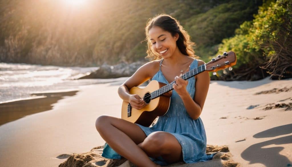 A person playing a ukulele on a sunlit beach surrounded by nature.