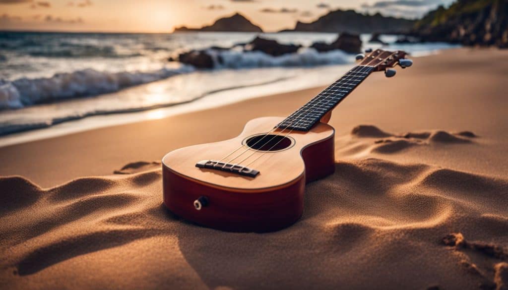 A ukulele on a sandy beach with ocean waves in the background.